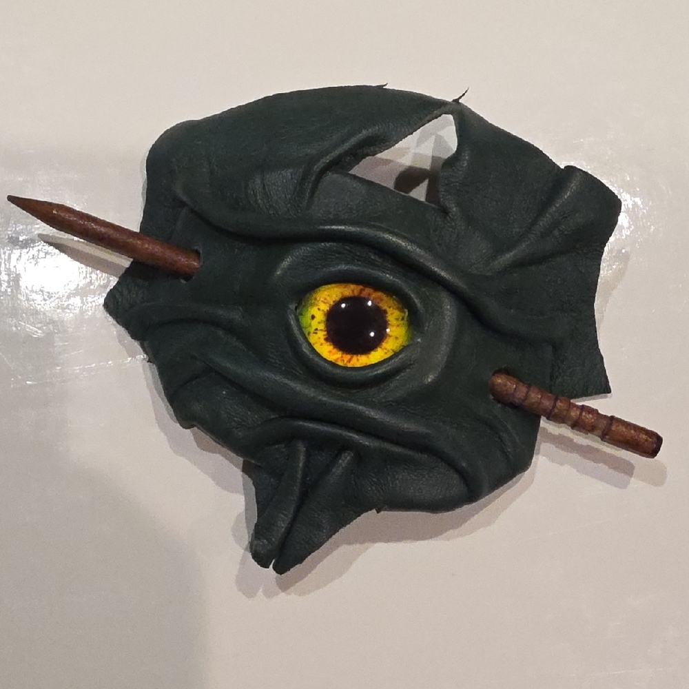 Unique Green Leather Eye Brooch
